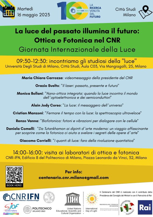 Oggi, 16 maggio 2023, 9.30-12.30, grande evento di divulgazione nel contesto della #Giornata #Internazionale della #luce #2023
Per chi non riuscisse a partecipare trovate qui il link per seguire l'evento on-lline
polimi-it.zoom.us/j/95223670382?…
Qui sotto il programma!