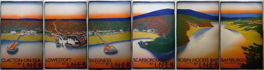markovenden's tweet photo. Tim is right. Over 90 years ago #TomPurvis created this tableau deliberately for each part to also work as stunning stand alone posters. Purvis made 100 for #LNER mostly in this modernist style (later dubbed #ArtDeco) including this other #Yorkshire tableau. #designhero https://t.co/xoe65KrDrs