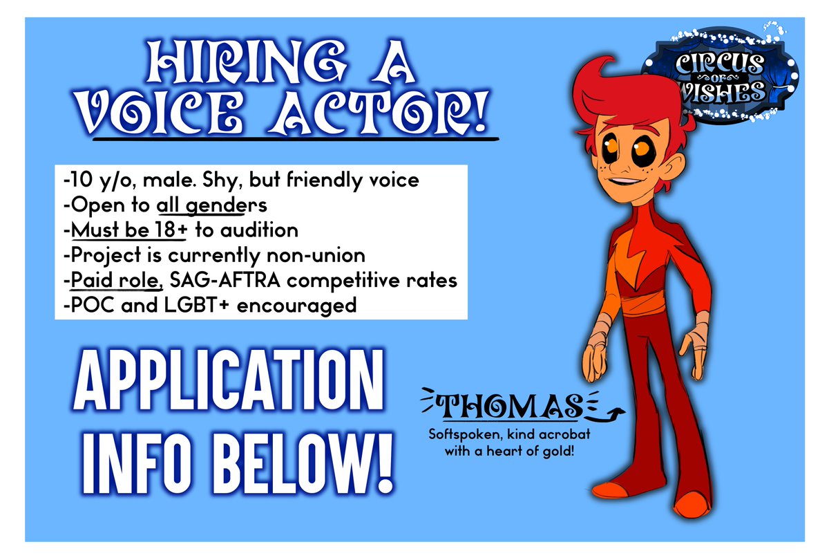 CircusOfWishes's tweet photo. 🌟 HIRING A VOICE ACTOR! 🌟
Seeking a voice actor for a small supporting role in indie 2D animated film, #CircusofWishes! Application form and audition info in the replies below. Shares VERY appreciated!🧡 https://t.co/NFfcrJLST9