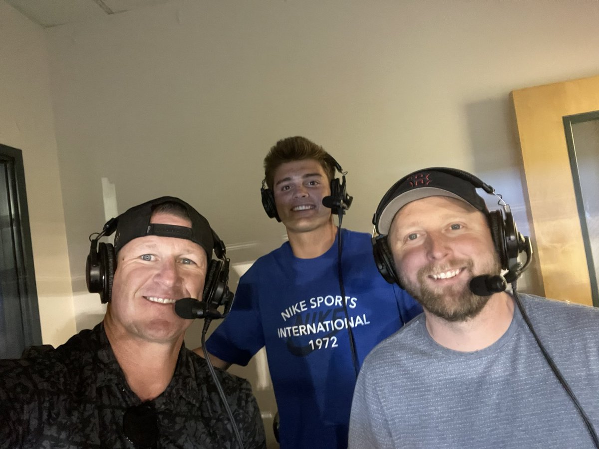 devdixon's tweet photo. During the Snow Canyon game BYU freshman @11LukeAnderson stopped by the broadcast and just moments ago former Flyer and Cougar Sophomore @cooper_vest joined us ! #regxBase #4aState @TheFanSN https://t.co/r80byv2rOU