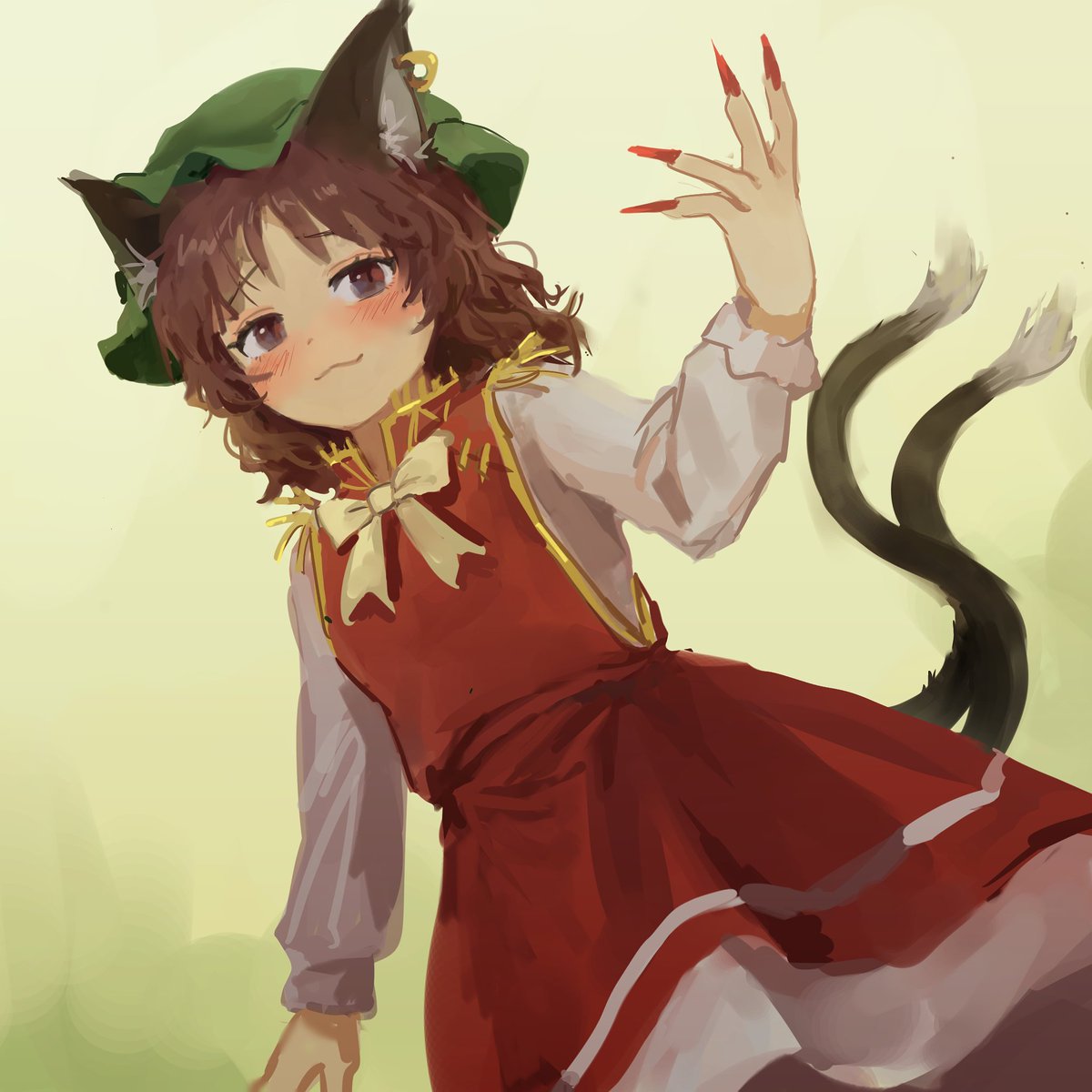 chen 1girl animal ears solo multiple tails tail cat ears brown hair  illustration images