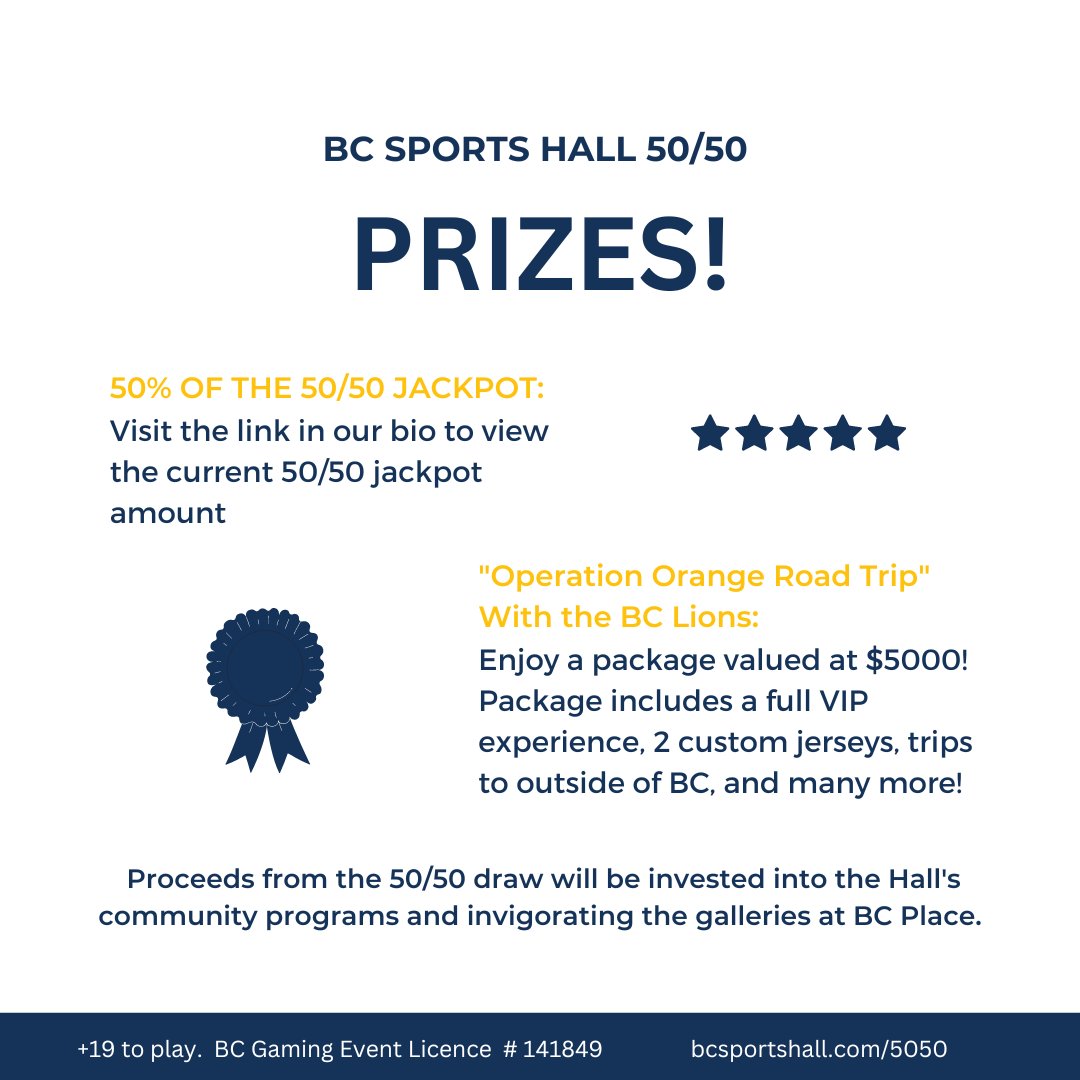 Check out the fantastic prizes that can be won through the BC Sports Hall 50/50! Please note that ticket prices for the 50/50 jackpot and raffle vary.

Please bcsportshall.com/5050 in our bio for more details.