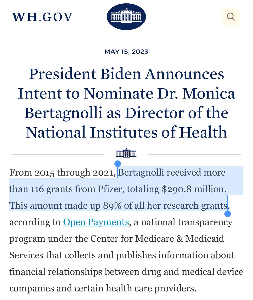 Biden plans to nominate Dr. Monica Bertagnolli as the new head of the NIH.

From 2015-2021, Bertagnolli received more than 116 grants from Pfizer, totaling $290.8 million. This amount made up 89% of all her research grants.