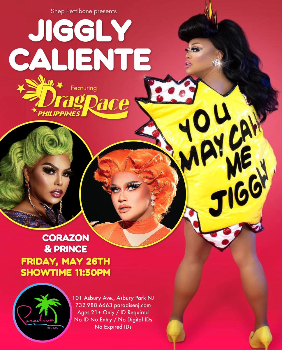 Catch Jiggly Caliente, Corazon & Prince 
from Drag Race Philippines 😍❤️🌴
Friday, May 26th - Showtime 11:30pm

#asburyparknj #paradisenj #rupaulsdragrace #dragrace #lgbtq #gaybar #rpdr #dragqueen #gay #dragqueens #instagay #dragshow #dragracephilippines