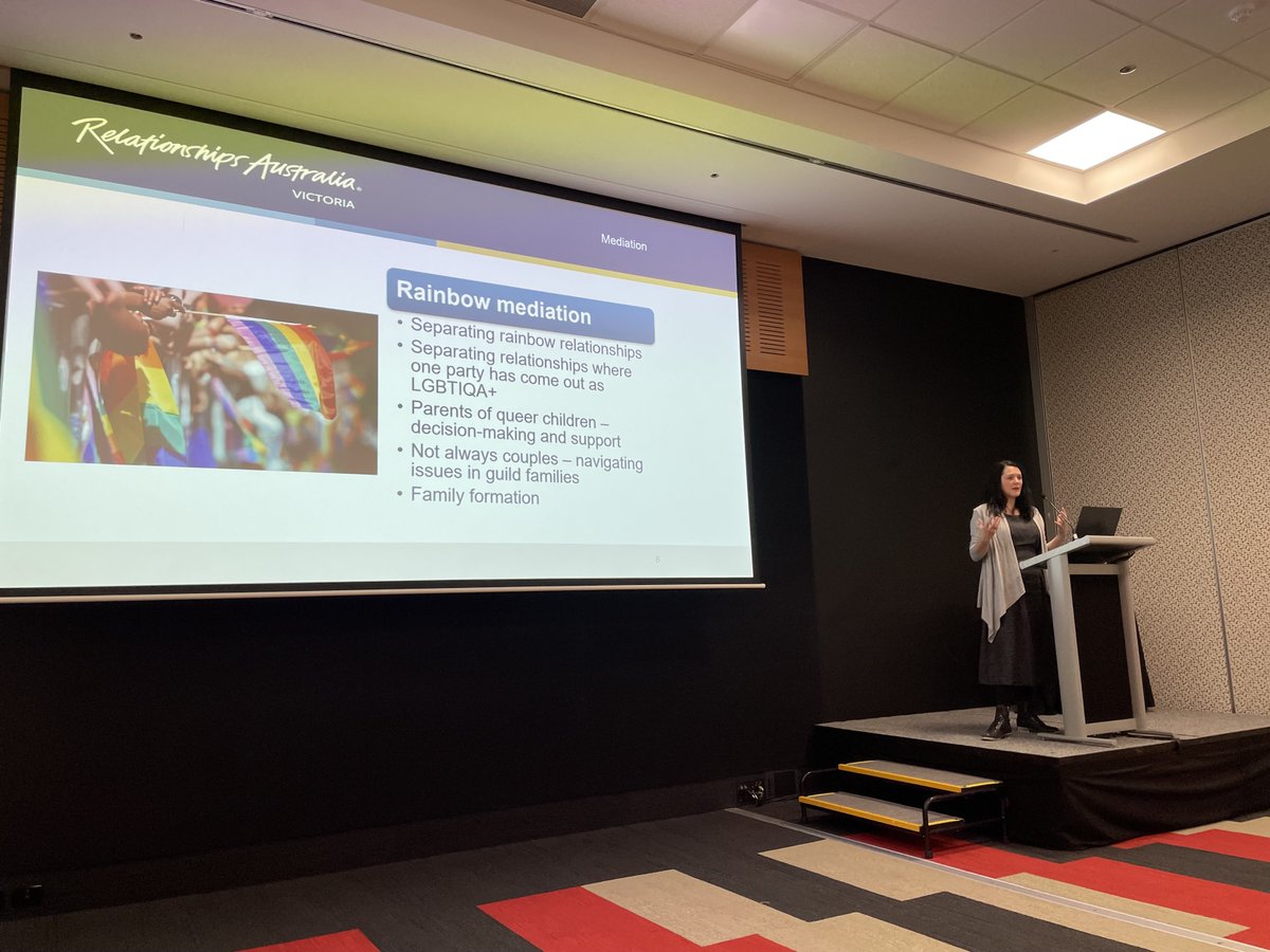 @RelAustVic presenting now at #FRSA23 on Mediating with Rainbow Families, @FRSAust. @RelAustVic has created an education program focused on the development of professional skills, knowledge and awareness in mediating with Rainbow Families. Details: ow.ly/GHxJ50OhTVX