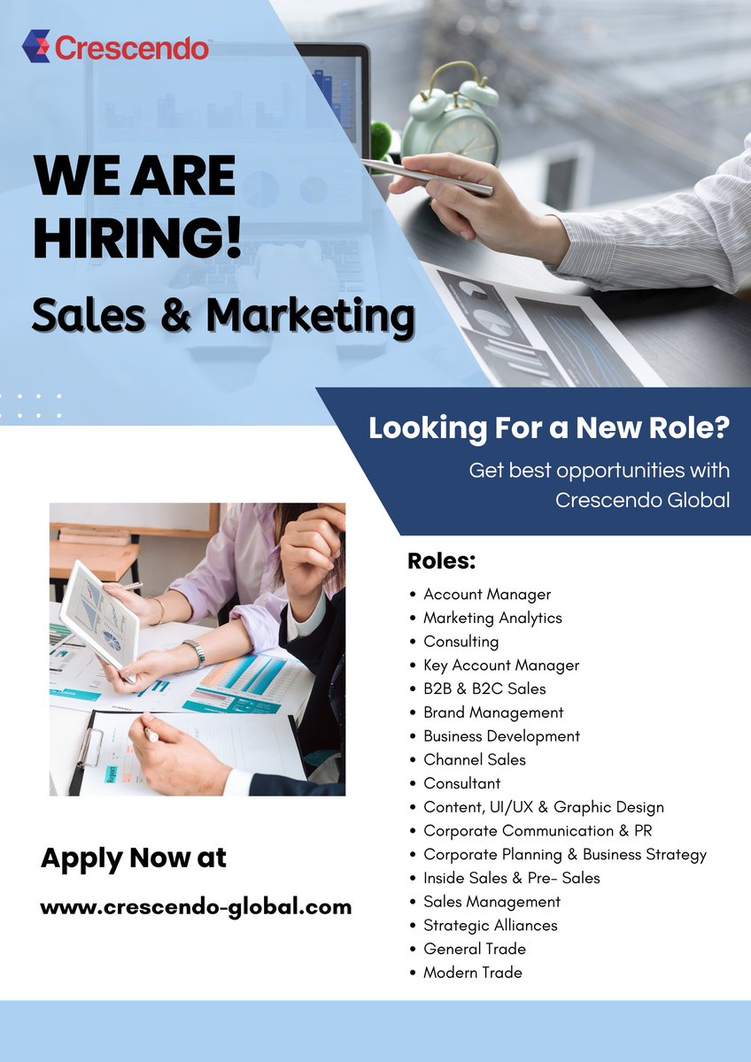 Looking for jobs in Sales & Marketing Domain?
Get the best opportunities with Crescendo Global.

Apply now at buff.ly/3XQ7mZ2

#hiring #crescendoglobal #careers #sales #businessdevelopment #marketing #brandmarketing #contentwriter #ui #ux #consulting #hunting