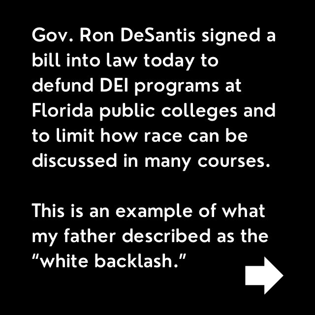 BerniceKing's tweet image. 🧵Gov. Ron DeSantis signed a bill into law today to defund DEI programs at Florida public colleges and to limit how race can be discussed in many courses. This is an example of what my father, Dr. Martin Luther King, Jr., described as the “white backlash.” #WhiteBacklash #MLK