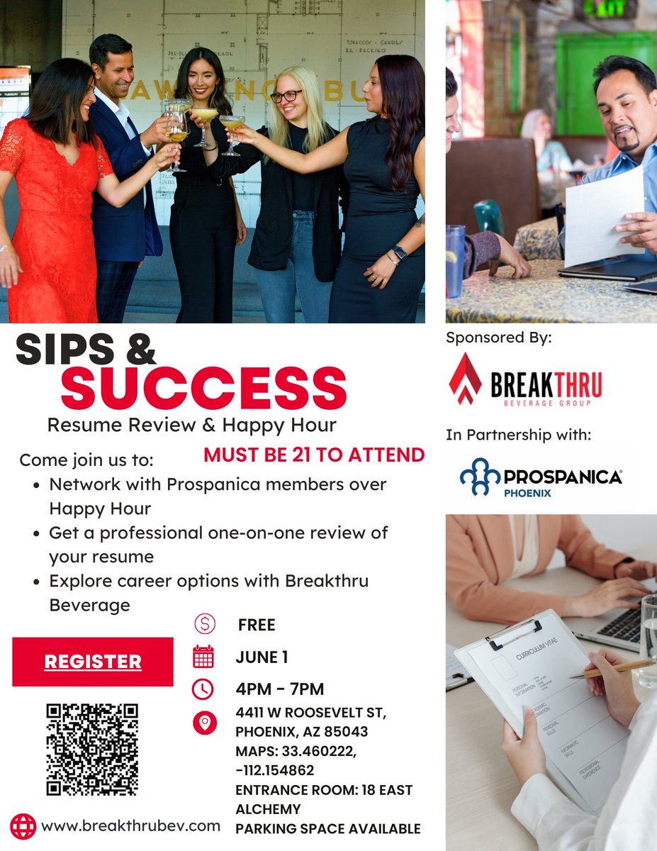 Join us for our next event as we sip & speak about success on Thursday, June 1st from 4-7pm! You will also be able to get your resume reviewed. Scan to register. #networking #prospanica #resumereview #happyhour