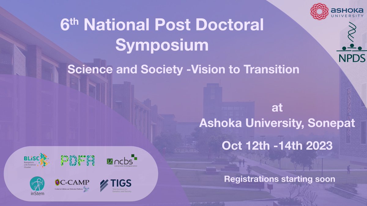 National Post Doctoral Symposium India (@npdspost) on Twitter photo We are excited to announce the 6th edition of NPDS co-organized and hosted by <a href="/AshokaUniv/">Ashoka University</a> from 12th-14th October, 2023. This time we focus on 'Science and Society- Vision to Transition'.
Registration commencing soon. Check out npdsindia.org for more details. We are excited to announce the 6th edition of NPDS co-organized and hosted by <a href="/AshokaUniv/">Ashoka University</a> from 12th-14th October, 2023. This time we focus on 'Science and Society- Vision to Transition'.
Registration commencing soon. Check out npdsindia.org for more details.