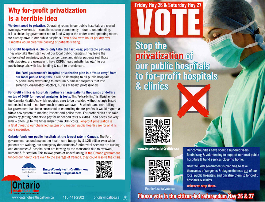 Brae3905B's tweet photo. Ontario government is moving forward with their hospital privatization legislation Bill 60, which they have titled “Your Health Act”. Please take time to support the May 26 &amp; 27, Citizen-led Referendum being organized by the Ontario Health Coalition. https://t.co/JI916NWhi7