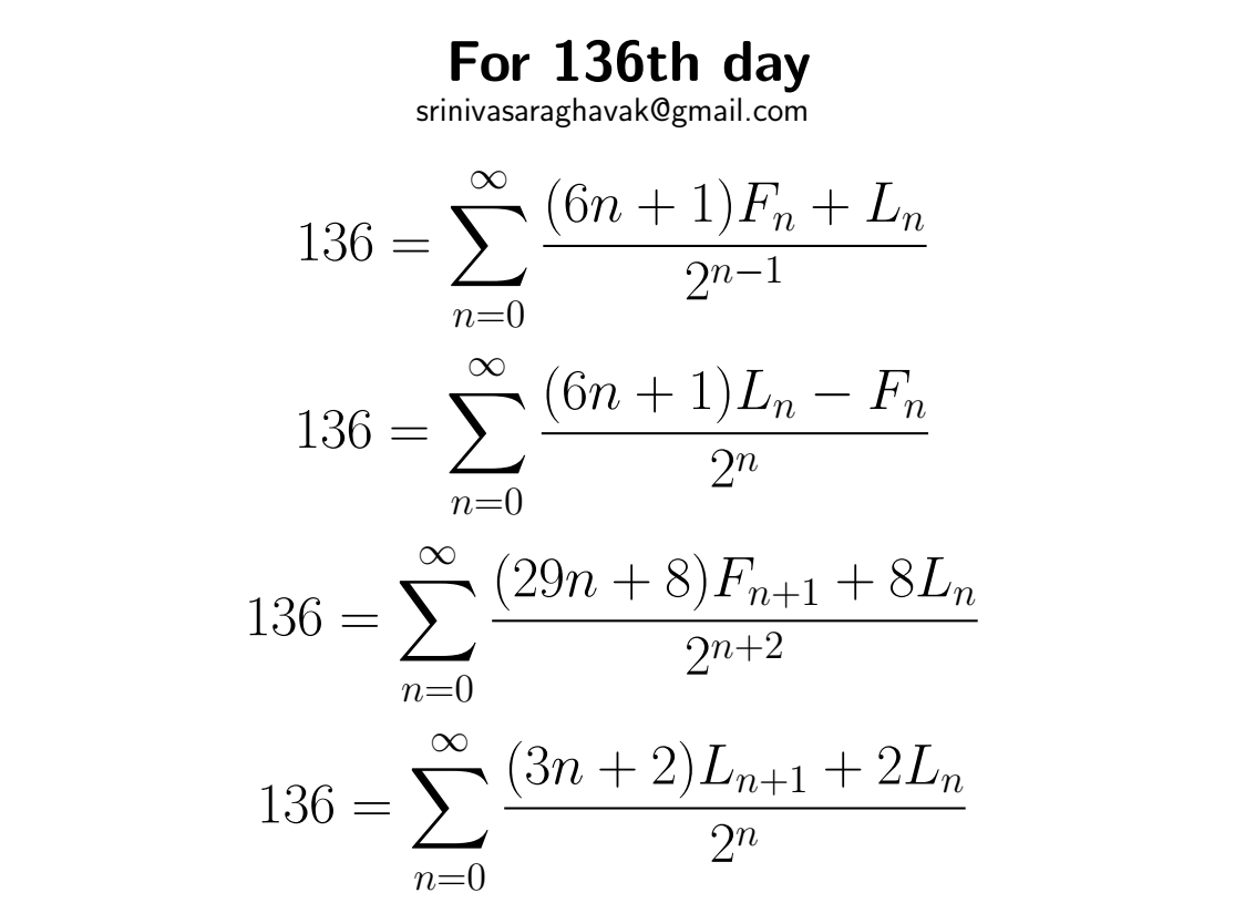 SrinivasR1729's tweet image. On the 136th day of the year, we are presented with these stunning summations that involve Fibonacci and Lucas numbers.
#mathematics #mathtwitter #Today