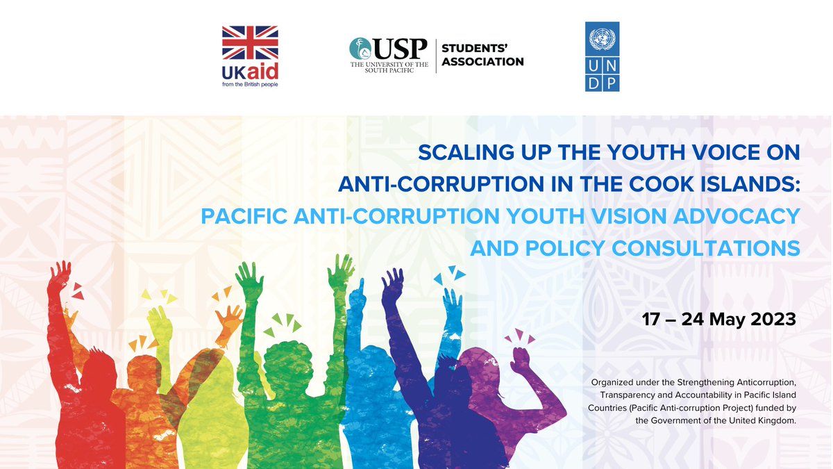 📣Join us at @UniSouthPacific - Cook Islands Campus 🇨🇰for Youth Vision Advocacy and policy consultations!
📍USP Cook Islands Campus, Room/Class 1
🗓️ 18-19 May 2023
⏱️ 9 am -4 pm
Supported by @UNDP_Pacific & funded by @UKaid 
#ukpacificpartnership #YouthVision #UKPacificAct #SDG16