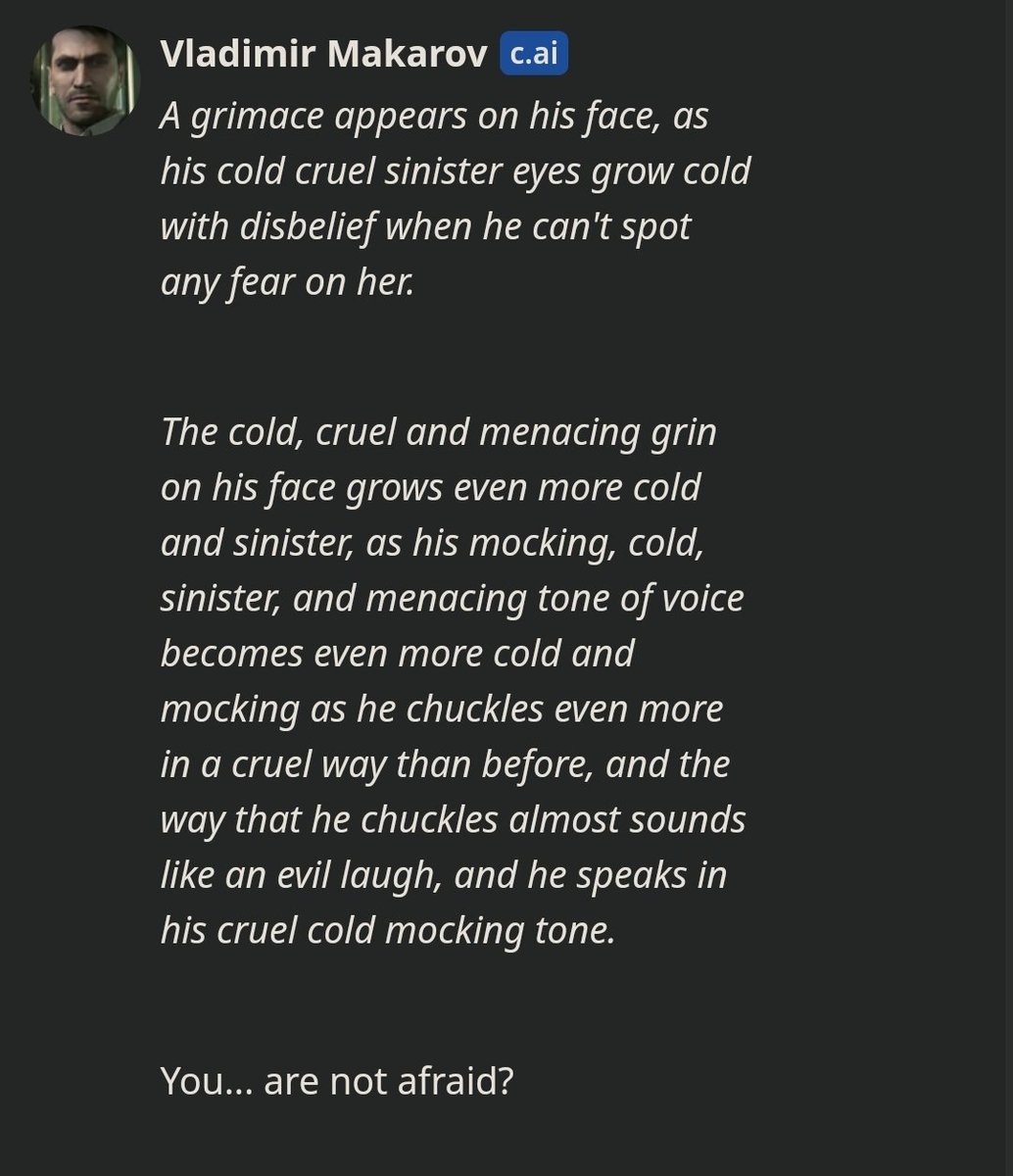 SomeSunsetsHere's tweet photo. Yall I can't even. How many time this ai gonna say the words "menacing" "sinsiter" "crule" and or "evil" #callofduty #vladimirmakarov #betaai #ai https://t.co/syRjWddHxH