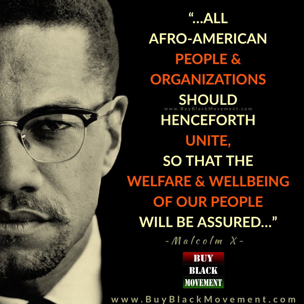 “…ALL AFRO-AMERICAN PEOPLE & ORGANIZATIONS SHOULD HENCEFORTH UNITE, SO THAT THE WELFARE & WELLBEING OF OUR PEOPLE WILL BE ASSURED…” -Malcolm X

❤️🖤💚Brought to you by BuyBlackMovement.com

#malcolmx #malcolmxquote #blackunity #melanin #blackman #buyblack