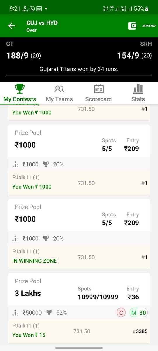 PrashantJaik's tweet photo. @MyFab11Official @CricInformer 

When I'm on number 1 position. 

Where is my winning amount?
Siddhant bhai please see this.

I don't like repeated mistakes from Myfab11.

#GTvSRH 
Thanks and regards
PJaik11 https://t.co/kKGYTTTG4j