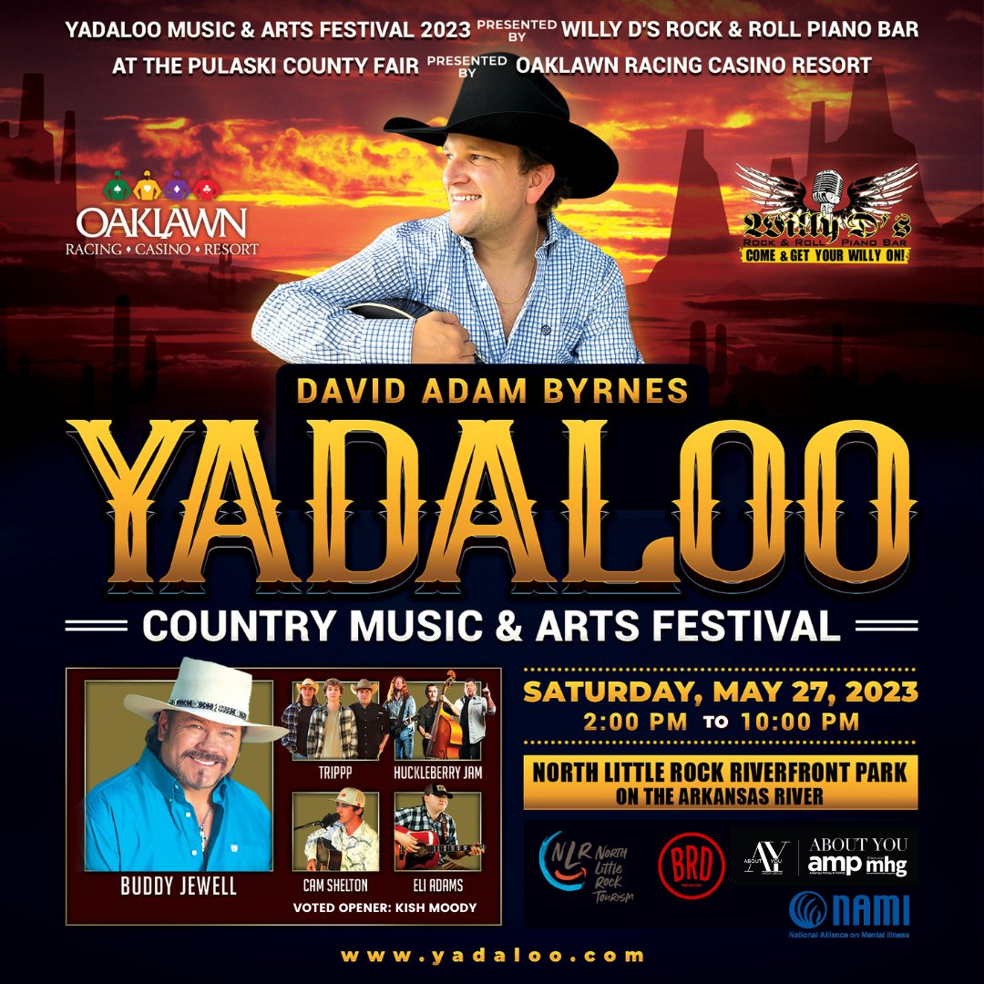 🎉🎵 BIG NEWS! The 4th Yadaloo Music &amp; Arts Festival will light up the banks of the Arkansas River with Country Music at North Little Rock Riverfront Park on Saturday, May 27 from 2pm-10pm! 🎸 Tickets: yadaloo.com <a href="/davidadambyrnes/">David Adam Byrnes</a> <a href="/BuddyJewell/">Buddy Jewell</a>