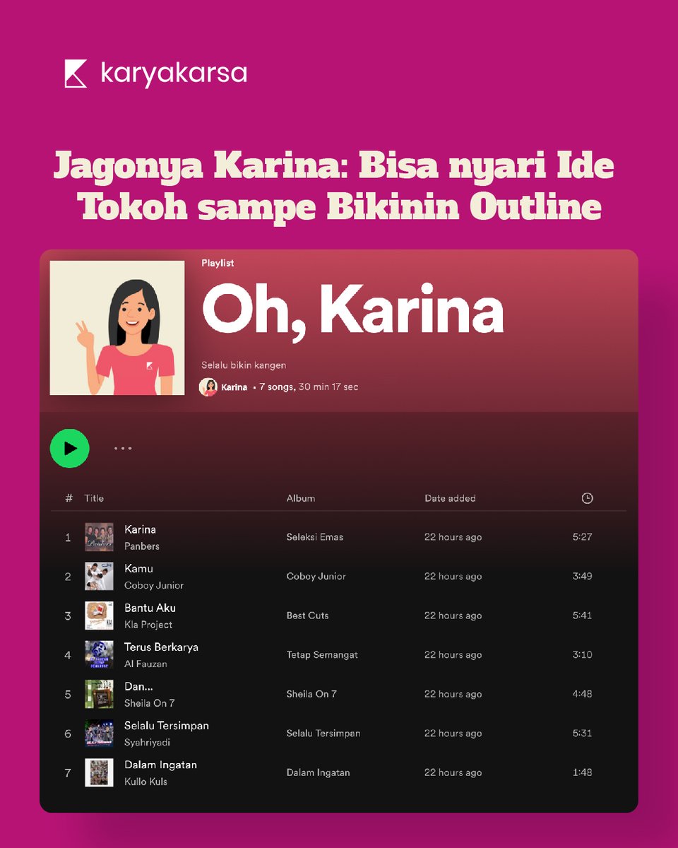 karyakarsa_id's tweet photo. Cuma KaryaKarsa yang bisa nemenin kamu nyari ide 24/7.
Cari ide Bareng #Karina, ngga pake ribett! ππ»ββοΈ
#Ide #Penulis #Komikus #Fotografer #Kreator #TipsMenulis #TipsBerkarya #CariIde #Bingung #FiturKaryaKarsa #KaryaKarsa #RumahnyaStoryteller https://t.co/dK8diFVbEO
