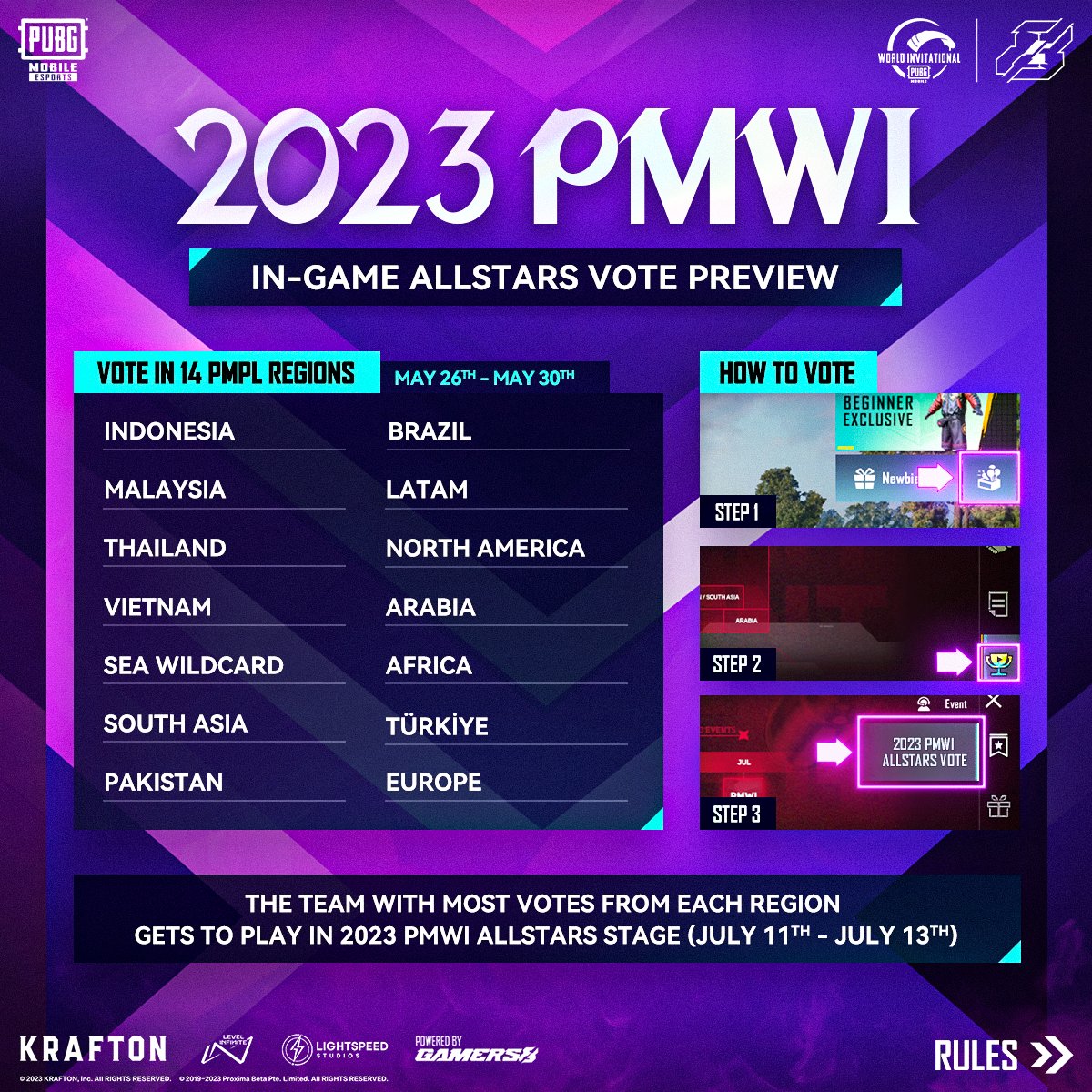 EsportsPUBGM's tweet photo. 🎉Get ready for the 2023 PMWI ALLSTARS Vote Event! 

Show your support for your favorite team from May 26th to 30th! 

👏Cast your vote on the "Esports" page in the in-game event center.

Check out the voting rules and guidelines now! 🥳

#PUBGMOBILE #PUBGMESPORTS #PMWI #2023PMWI https://t.co/82NF2PBaVx