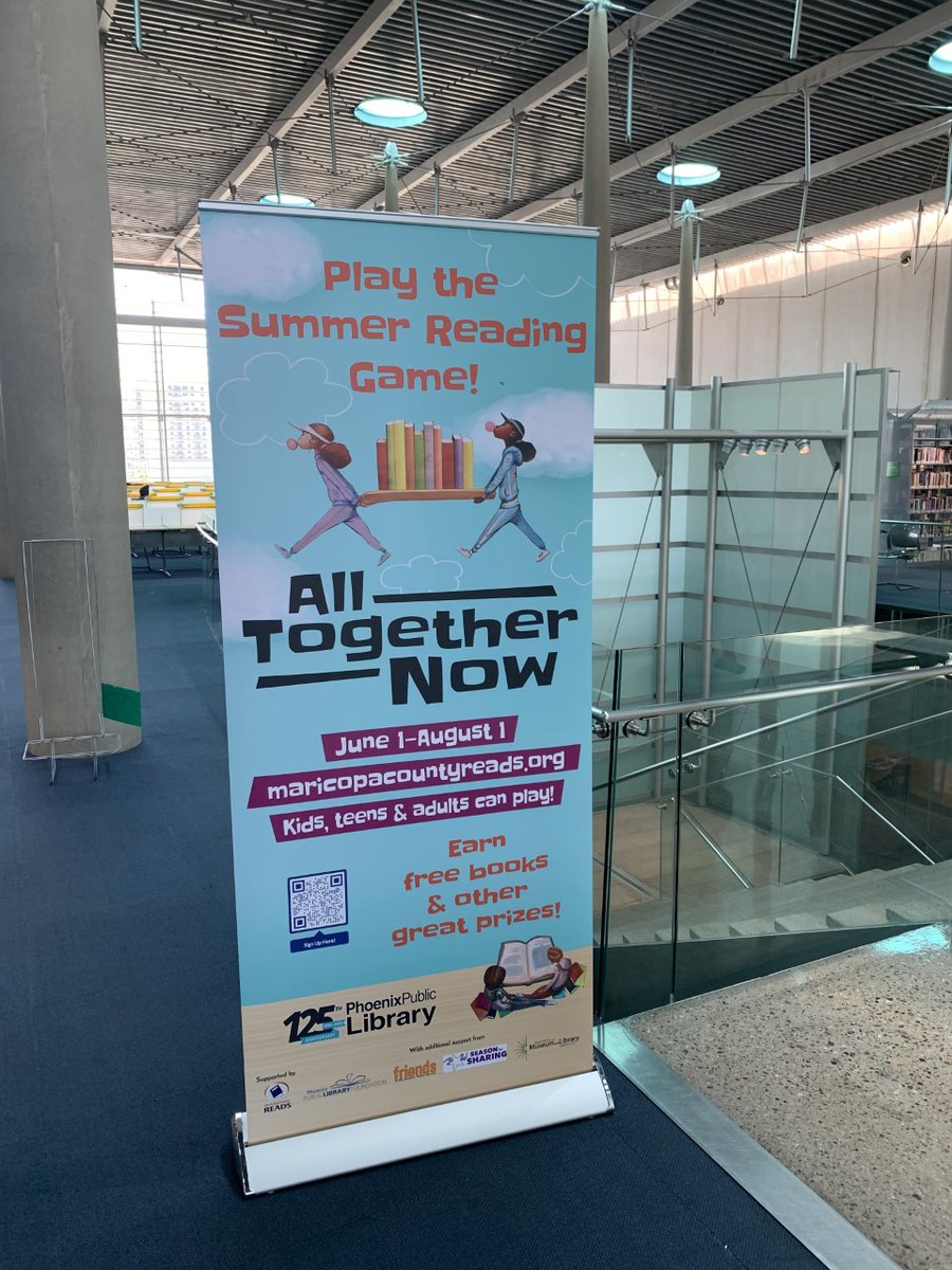 PhxLibrary's tweet photo. These colorful banners are a reminder that it’s time to sign up for the 2023 #SummerReadingGame: All Together Now! ☀️📚 It starts 6/1, but you can register the whole family any time in May. All ages can read &amp; play. Ready… set… #AllTogetherNow! https://t.co/8SZHOHJvxF https://t.co/2hhA8ajCTz