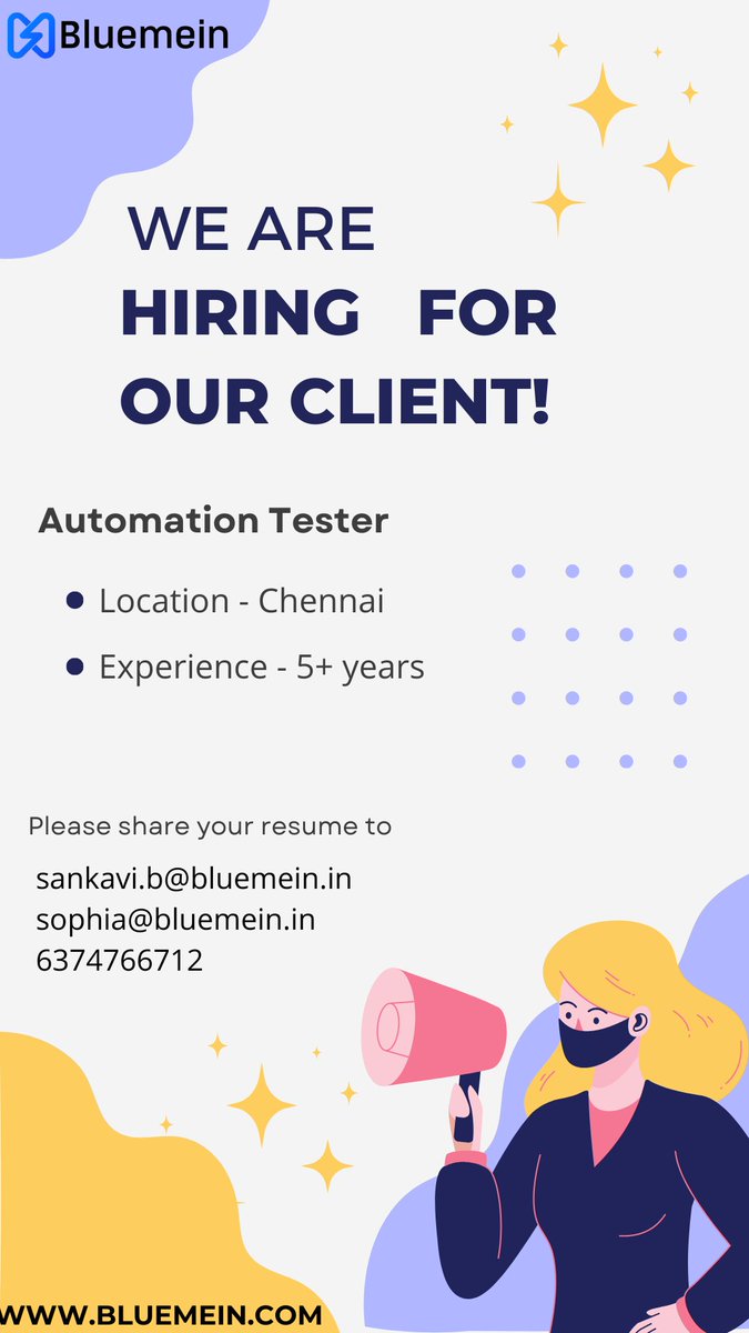 BluemeinT's tweet image. #hiringalert
#hiringnow #automationtester #immediatejoiners #chennaihiring #contactus #hiringimmediately #JoinOurTeam