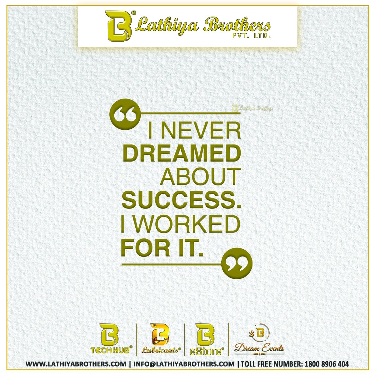lathiyabrothers's tweet photo. I Never Dreamed About Success, I Worked For It ๐ฏ
#LathiyaBrothers #MotivationalQuotes #InspirationalQuotes #SuccesfulQuotes #KeepFaith #BeliveInYourself #BigDream #BigAct #NothingIsImpossible #NewBegining #NeverGiveUp #LearnSomething #ChaseVision #Lbestore #Lbdreamevents https://t.co/X0m5SHQCh5