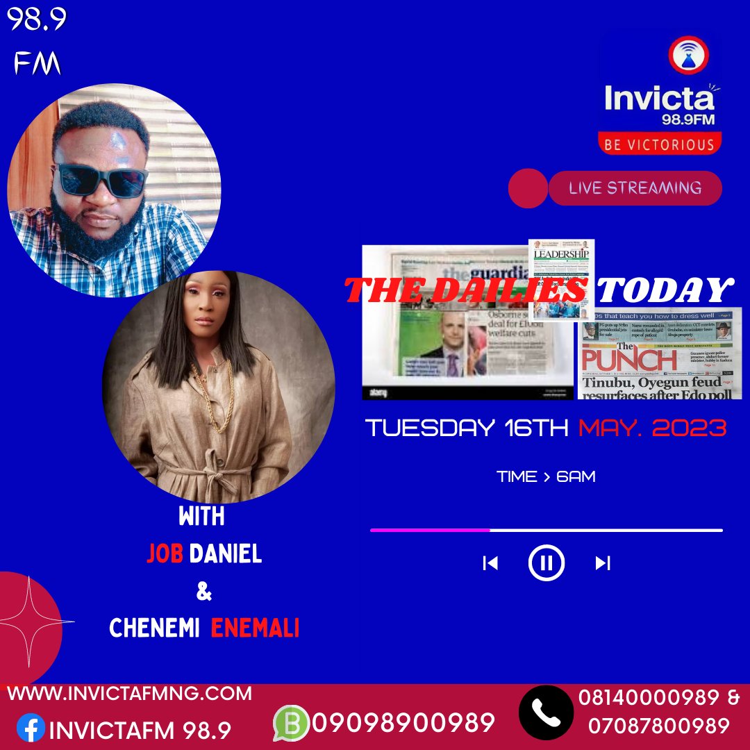 invictafm989's tweet photo. @invictafm989
#INVICTA98.9FM
#COFFEEDRIVE
#TUESDAY
NOW AIRING🔥
THE DAILIES TODAY
with @Joebee_daniel
& @ITSD_VYCE
LIVE ON https://t.co/Nw03YTMzzK https://t.co/oOKjMuqej3