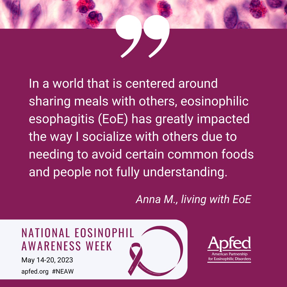Eosinophilic esophagitis (EoE) can make eating difficult or uncomfortable. The two main treatment recommendations for EoE are diet management and medication. Learn more at apfed.org/EoE. #neaw #neaw23 #eosaware