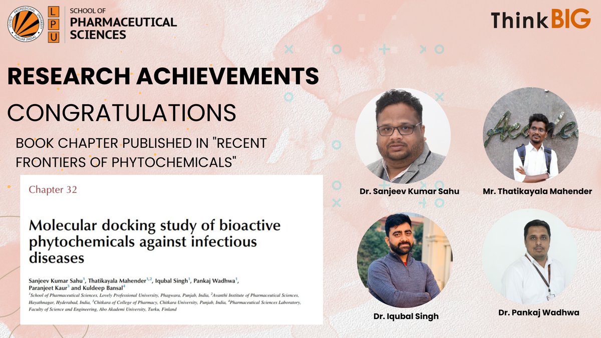 LPUPharmacy's tweet photo. School of Pharmaceutical Sciences, LPU congratulates Dr. Sanjeev Kumar Sahu and team on publication of book chapter in Recent frontiers of phytochemicals. #lpuachievements #bookchapter #lpuuniversity #lpuresearch #lpupharma https://t.co/DU2s5cm4pI