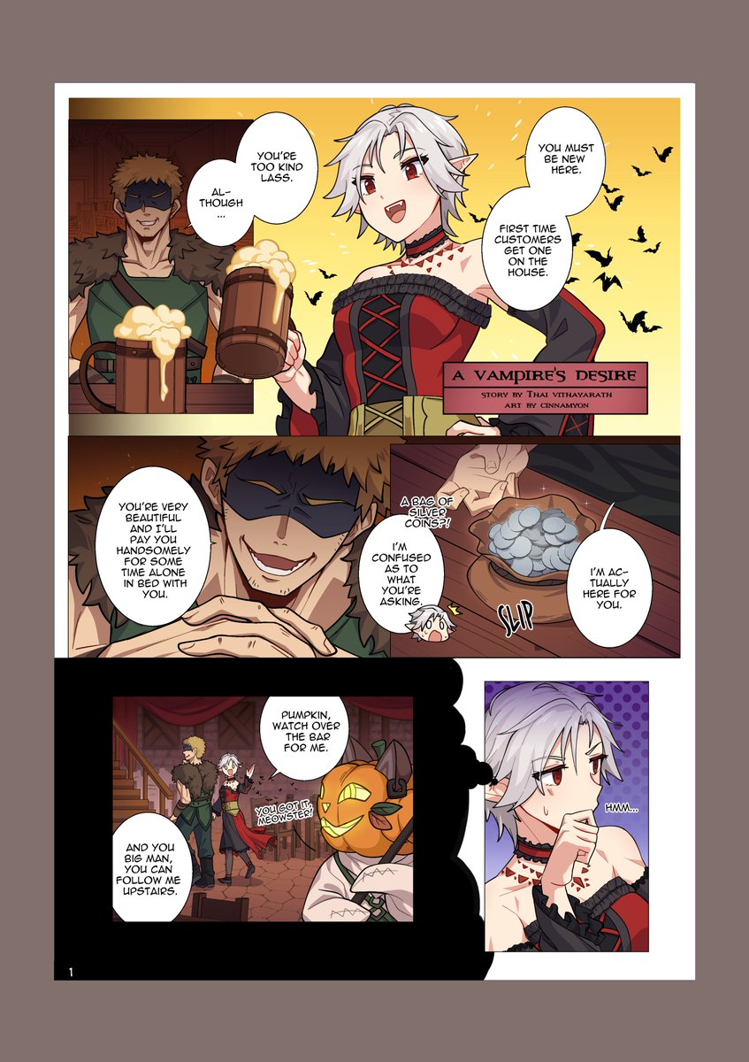 A Vampire's Desire (Short Comic) (1/2)
Meet Emilia, a Dhampir, born of an elf and a vampire, and her companion, Pumpkin.
They are Thai Vithayarath's OCs. (design may be changed in the future)