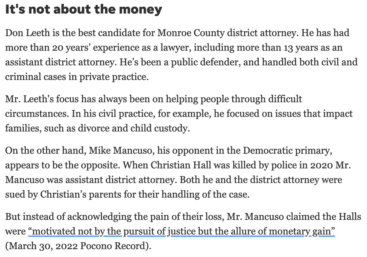 Grunge_Bob's tweet photo. @DonaldLeeth4DA @PoconoRecord "instead of acknowledging the pain of their loss, Mr. Mancuso claimed the Halls were “motivated not by the pursuit of justice but the allure of monetary gain. (March 30, 2022 @PoconoRecord ).
Vote @DonaldLeeth4DA on May 16."

- Susan Macovsky, East Stroudsburg https://t.co/oXWL5gXIFN