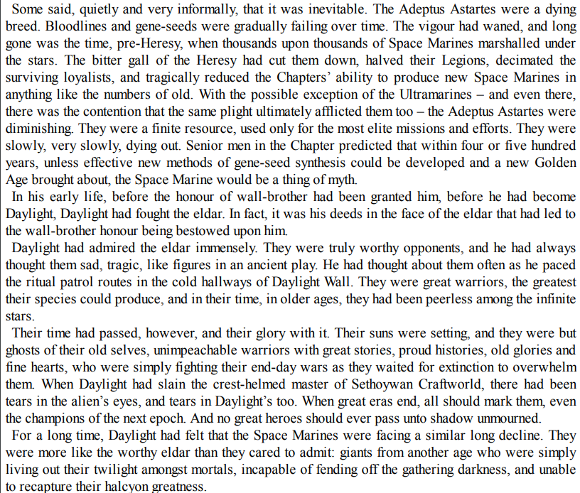 Fun Warhammer 40,000 lore fact:

After the Horus Heresy and the Scouring around M32 there was a time when Space Marines were being slowly phased out by the Imperium. The Imperium considered the need for such warriors long past, and was allowing them to slowly wither away through…