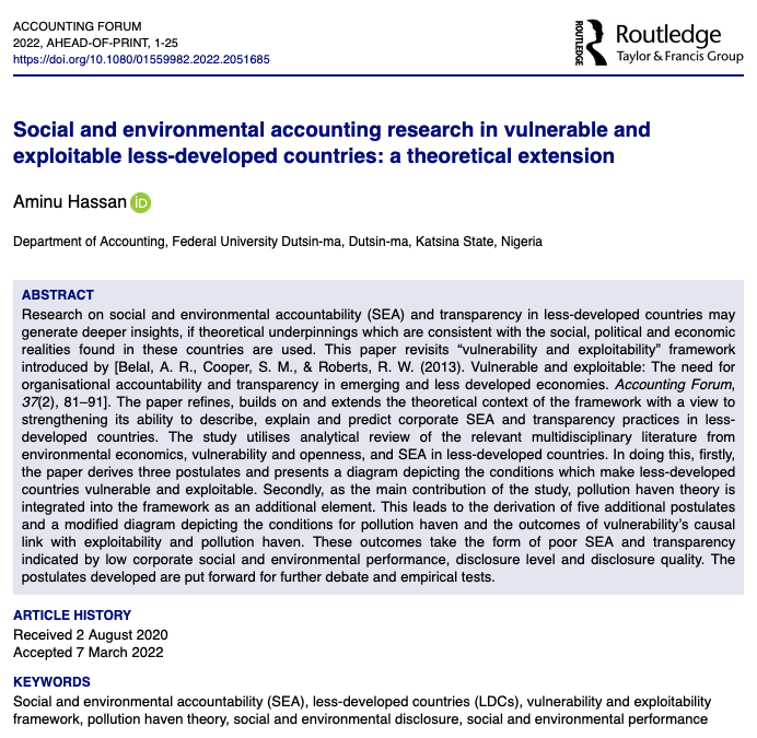 TandF_AccForum's tweet photo. Latest Articles in #AccForum - #Social and #environmental #accounting #research in #vulnerable and #exploitable less-developed countries: a theoretical extension by Aminu Hassan @FUDJigawaNG
https://t.co/S8RuHkGnMy https://t.co/CcCL09d0yy
