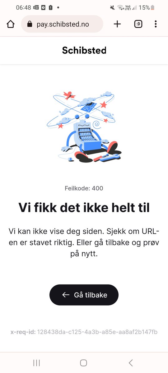 Hei <a href="/FINN_no/">FINN.no</a> 🙋🏼‍♀️ stilig ny flyt på betaling med <a href="/Vipps_no/">vipps</a> ,men denne 400 feilen kan være grei å sjekke opp🤗