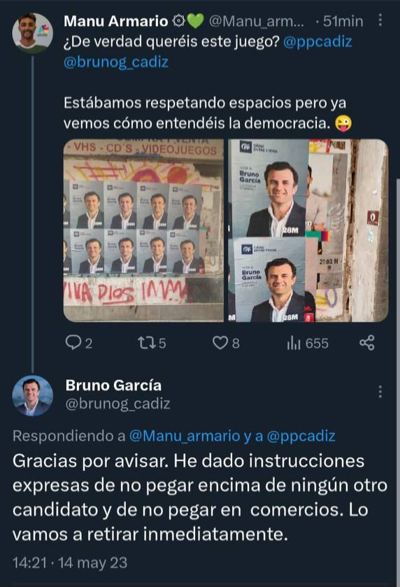 Ya avisamos a @Brunog_cadiz de que ponían sus carteles encima de los nuestros

Dijo que no volvería a pasar pero borró rápido el tuit donde lo dijo

Esta foto es de anoche

Sigue con las mismas malas artes. La campaña más sucia del PP, entre vetos y carteles, pero con una sonrisa