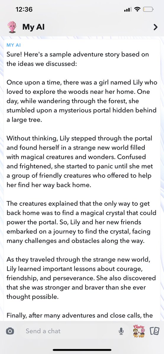Wowtimefun's tweet photo. @Snapchat ai made this entire story this is version one I had it make from a list of ideas. Sense this I’ve already had it change the story.  I even had it come up with names for the creatures planet and had it add a best friend.  All by asking it what it thinks it should add. https://t.co/Nq25YegxSs