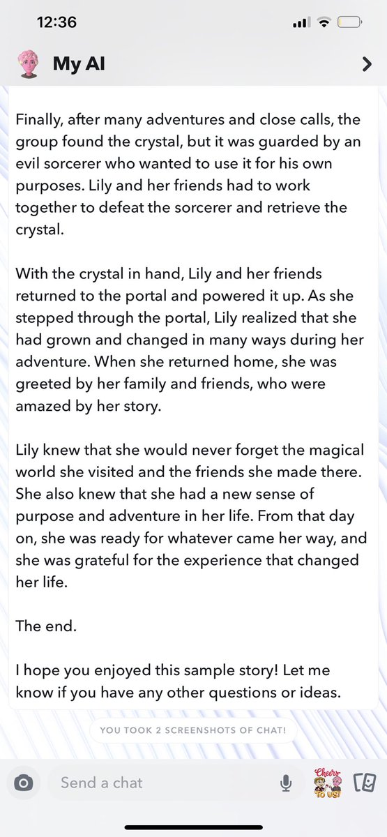 Wowtimefun's tweet photo. @Snapchat ai made this entire story this is version one I had it make from a list of ideas. Sense this I’ve already had it change the story.  I even had it come up with names for the creatures planet and had it add a best friend.  All by asking it what it thinks it should add. https://t.co/Nq25YegxSs