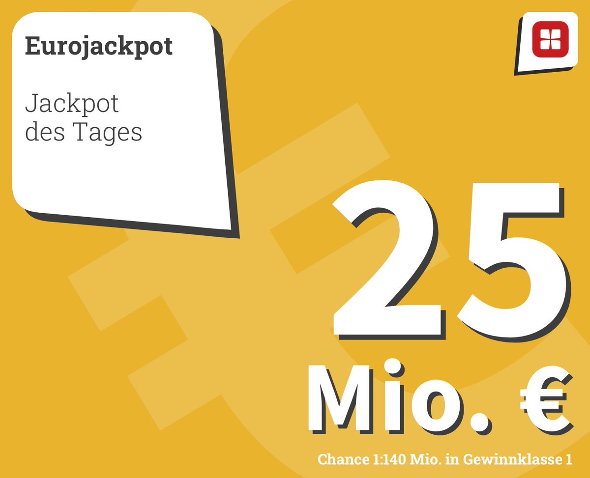 CleverLotto's tweet photo. 25 Mio. € gibt es heute bei #Eurojackpot zu gewinnen! Jetzt noch schnell mit Clever Lotto spielen https://t.co/rxCGkOhdVr (Chance 1:140 Mio. in Gewinnklasse 1, ab 18 J.) https://t.co/nnuJMvFsQI