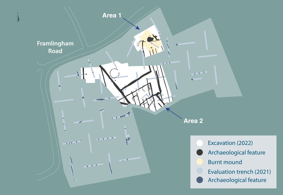 CotswoldArch's tweet photo. We've uncovered a #BronzeAge burnt mound complex in Laxfield, #Suffolk. Burnt mounds are a flattened mound formed of discarded, burnt stones which had been heated to use as potboilers. But heated for what? โ Tanning hides, seasonal livestock slaughter, #prehistoric saunas...? 1/2 https://t.co/vKr7Y0QvZW