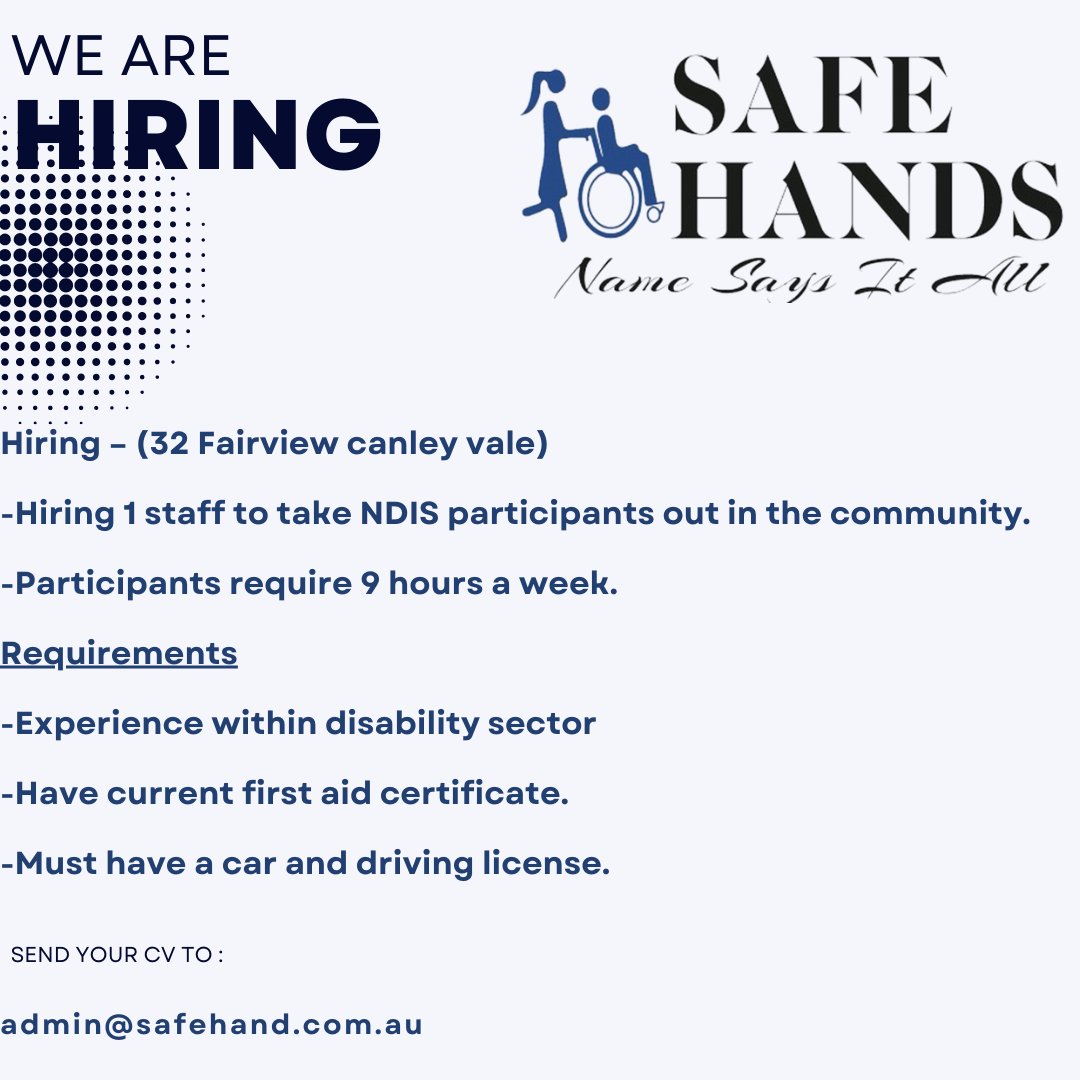 Hiring in 32 #canleyvale . send your resumes as soon as possible. 1 post for staff available
#ndisregisteredprovider #support #ndissupport #job #vacancy #Tuesday #TuesdayMotivaton #tuesdayvibe