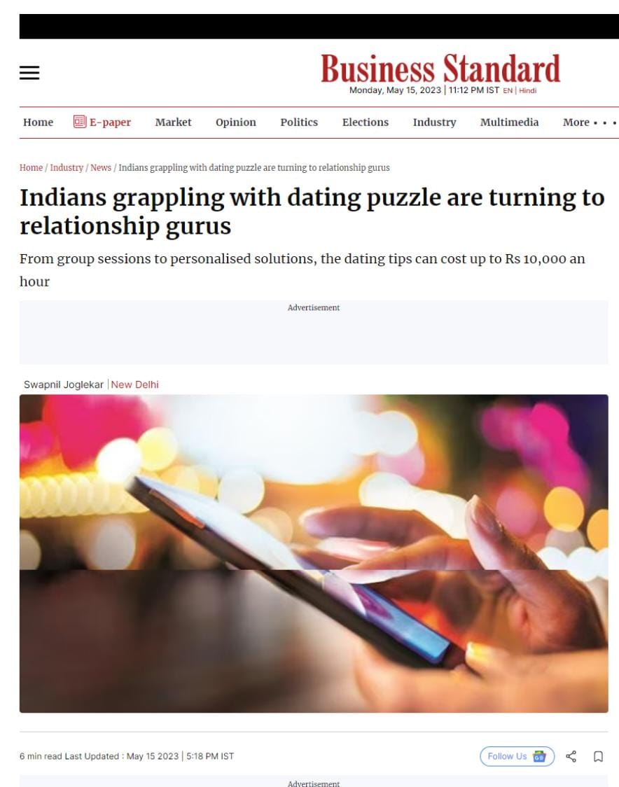 radhikamohta's tweet photo. ❤️Featured in Business Standard for my work on Dating Accelerator ❤️

Thank you, @SwapnilJogleka1 , @bsindia

#Press #LastFirstDate 
 https://t.co/fZ4W4LTXIP https://t.co/pfYOyt9Kmo