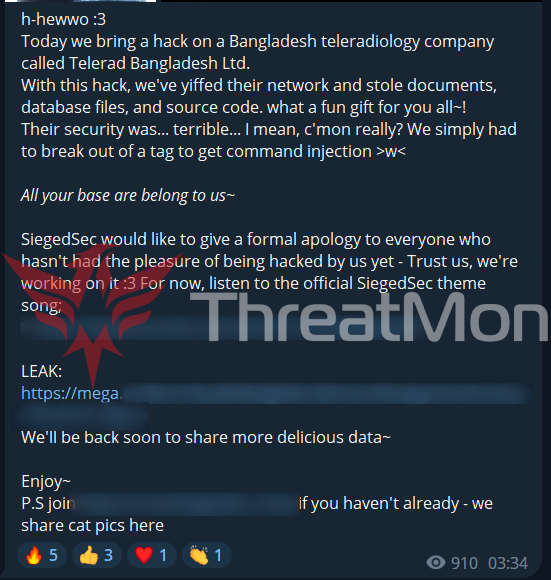 MonThreat's tweet photo. According to a #Darkweb #Telegram Activity detected by #ThreatMon Threat Intelligence Team, threat actor named "SiegedSec" hacked Telerad Bangladesh, a teleradiology company located in the #South Asian country of #Bangladesh.
As a result of their attack, #Telerad Bangladesh networks were brought down. Many #source-codes and #databases were #leaked.