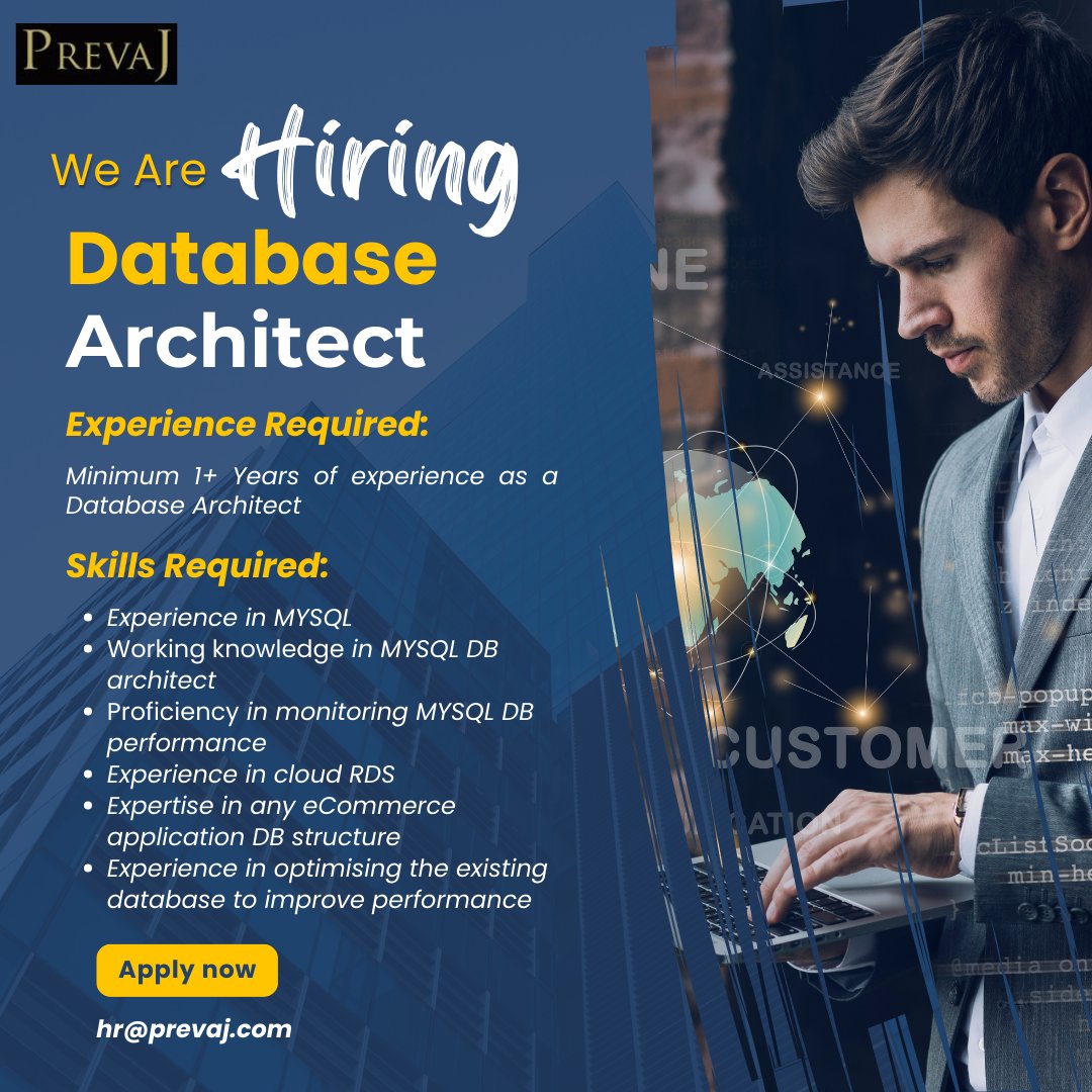 prevaj's tweet image. 🔍 We're hiring a talented Database Architect! Join our team and help us build efficient and high-performing databases. Apply now!🚀
Our website link: lnkd.in/g-RSrDSS
Apply here: hr@prevaj.com
#DatabaseArchitect #MYSQL #DBArchitecture  #hiring #recruitment #applynow