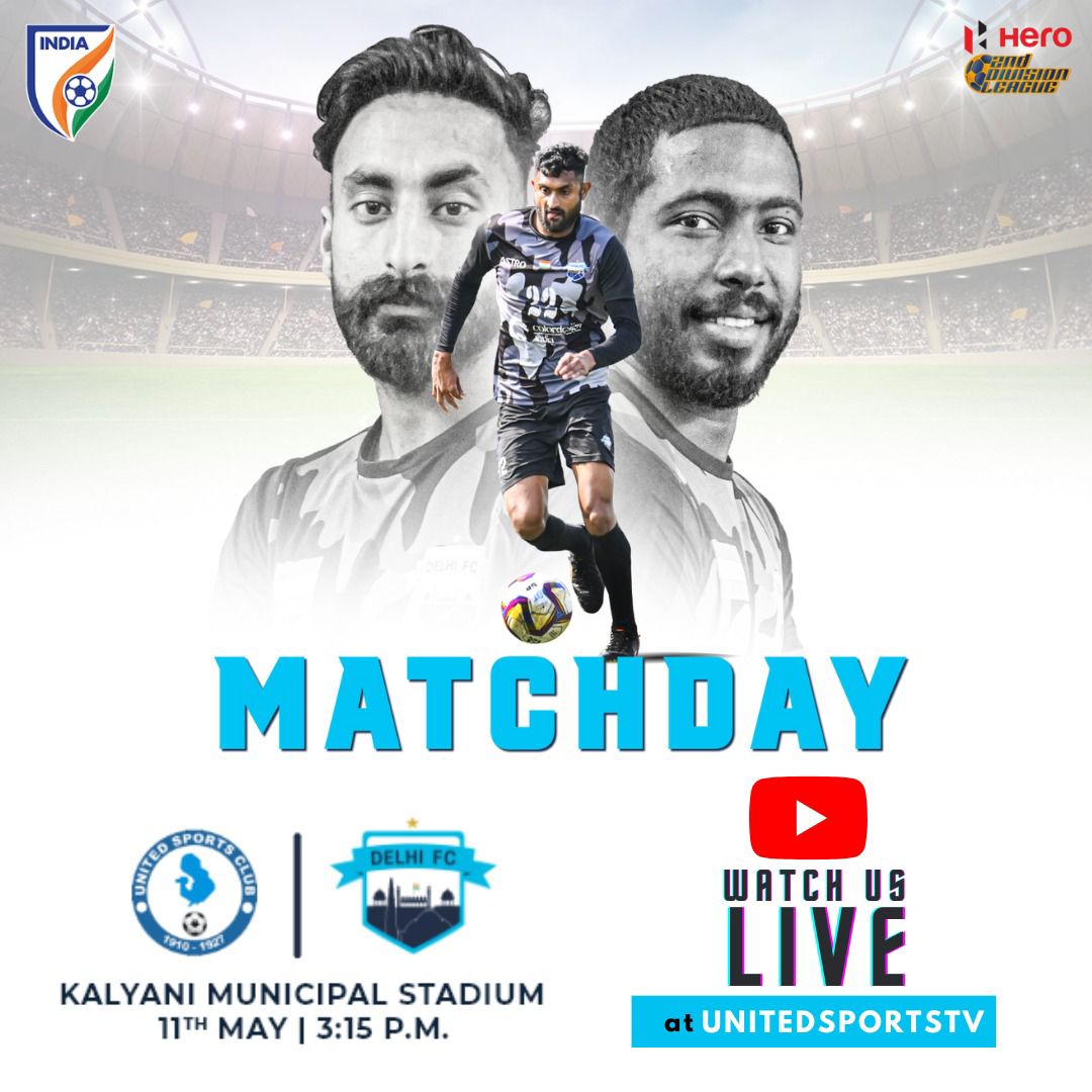 Watch our boys take on United Sports Club in a thrilling Hero I League Second division encounter at the Kalyani Stadium today at 3:15 PM live on youtube.com/@unitedsportst… ! 

#DelhiFC #DilmeDilli #Hero2ndDiv #IndianFootball