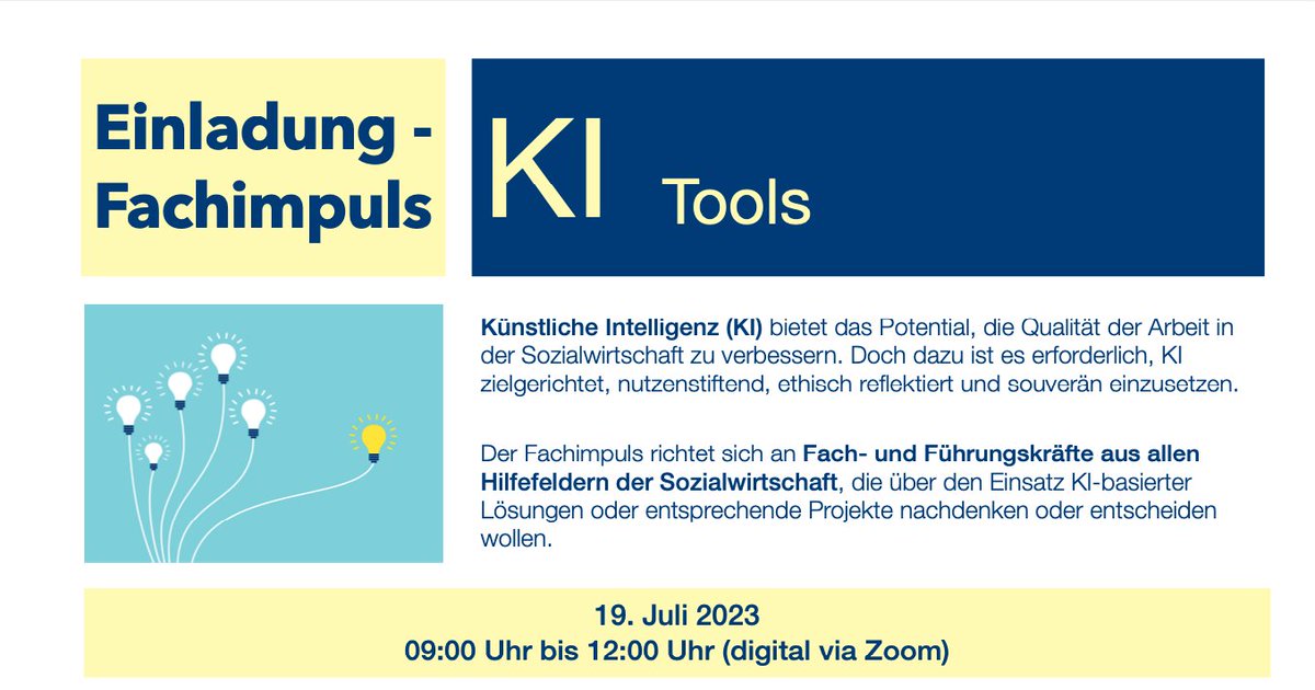 Herzlich Einladung zum Fachimpuls „KI Tools“ am 19. Juli 2023!  Gemeinsam mit <a href="/diakonie/">Diakonie Deutschland</a> und <a href="/DerVdDD/">DerVdDD</a>  werden wir aktuelle KI-Tools ausprobieren und damit experimentieren.
Wir uns auf diesen spannenden Fachimpuls! 
Hier geht's zur Anmeldung: v3d.yve-tool.de/public_registr…