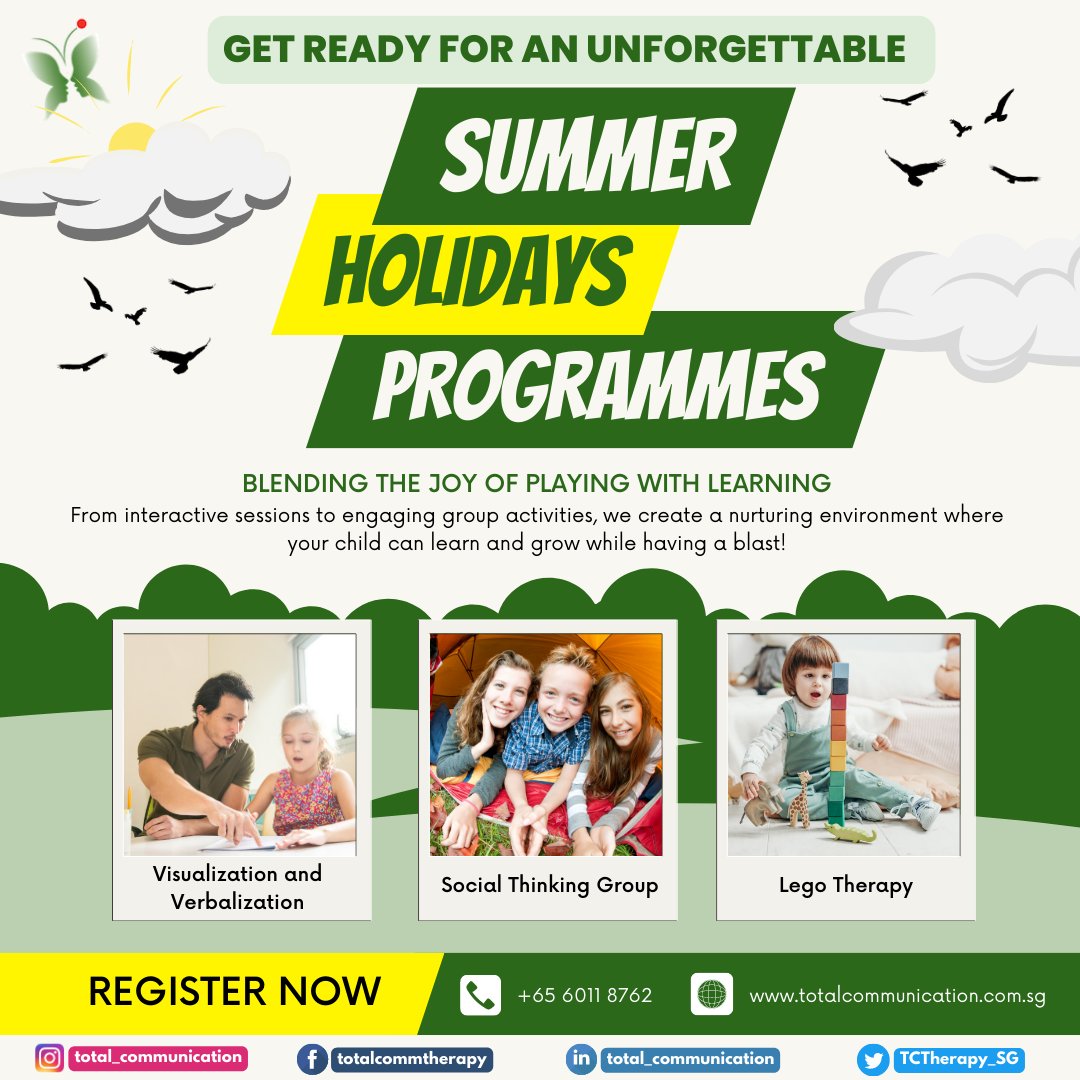 Exciting Summer Holiday Programmes at Total Communication! 🌈🎉 

Immerse your child in a world of joyful learning and play! 📚

Don't miss out on this incredible opportunity! Secure your child's spot now: totalcommunication.com.sg/summer-holiday…☀️🌺 

#SummerProgrammes #HolidayProgrammes #Summer