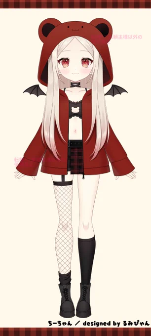 お知らせ VTuberのちーちゃん()のキャラクターデザインとLive2Dイラストを制作させていただきました  くまさんパーカーは着脱可能です 片八重歯がチャームポイントです～ #ちーちゃん #はいちー図