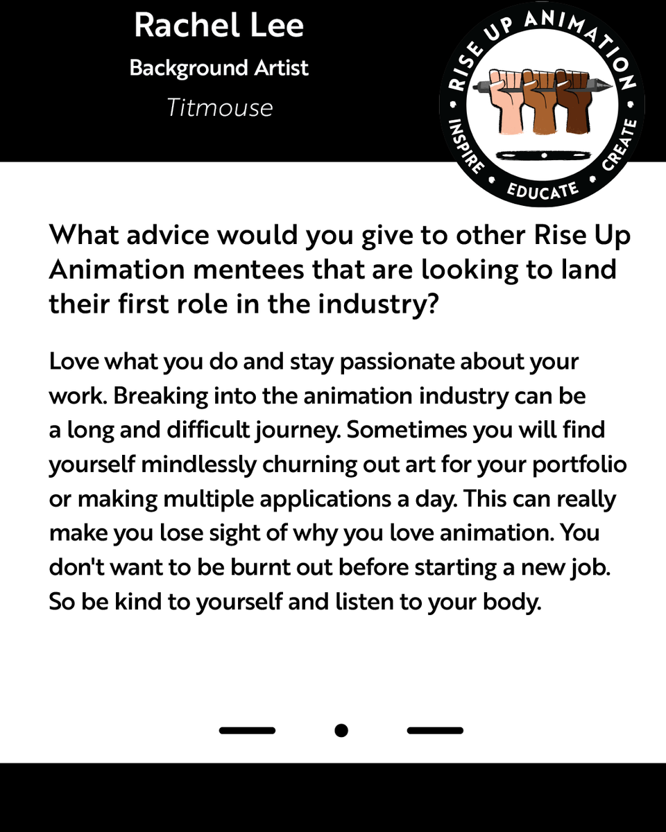 riseupanimation's tweet photo. Happy Monday Rise Up fam! We're bringing you another #MenteeFastForward where we hear from an RUA Mentee that found a career opportunity in animation.

Today we celebrate @aofrach from @TitmouseInc https://t.co/lDvIJDhuES