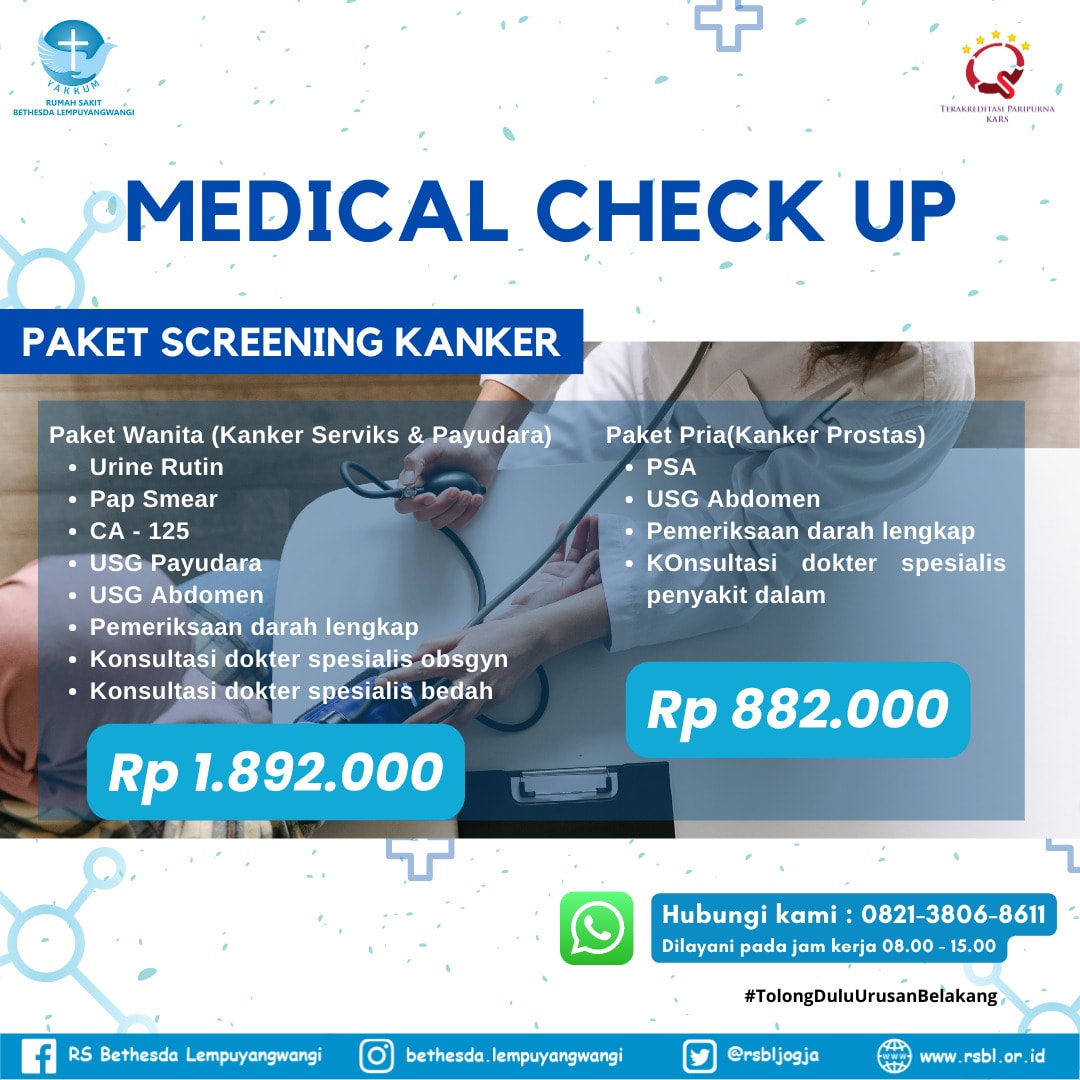 rsbljogja's tweet photo. Paket MCU Sreening kanker bagi laki - laki dan perempuan bersama RS Bethesda Lempuyangwangi
Aman Nyaman Terjangkau 
Informasi lanjut cek link di Bio kami ⬆️⬆️⬆️
#mcu 
#medicalcheckup 
#screeningkanker https://t.co/p1HTYAHGyu