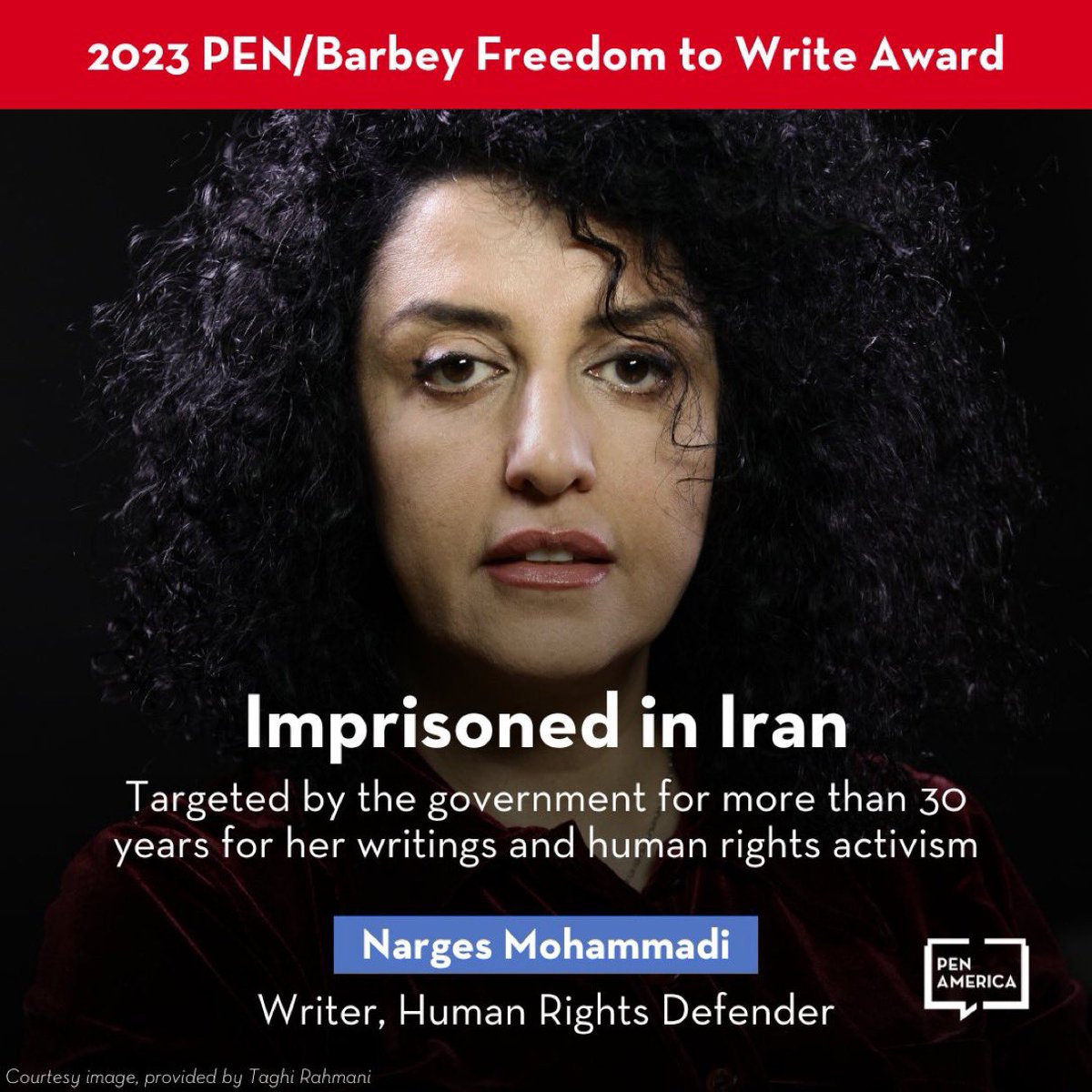 #Iran:
De Iraanse schrijver, journalist & mensenrechtenactivist #NargesMohammadi wordt geëerd tijdens het PEN America Literary Gala v deze week.
Marges, die momenteel gevangen zit wegens 'het verspreiden van propaganda', ontvangt d PEN #FreedomToWrite Award 2023
#WomanLifeFreedom