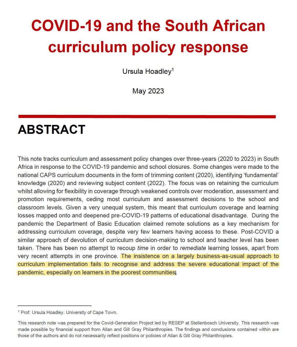 We look forward to the #PIRLS2021 results release today, even though they are likely to show dramatic declines in reading. 

Yesterday we launched a report 'COVID-19 and the South African curriculum policy response' by Prof Ursula Hoadley. PDF avail here  resep.sun.ac.za/wp-content/upl…